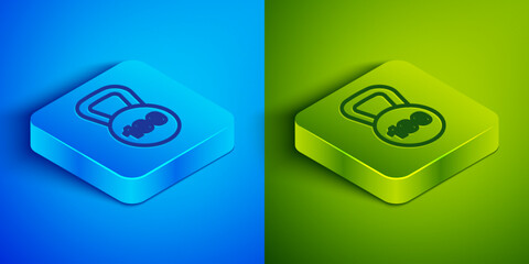 Sticker - Isometric line Weight icon isolated on blue and green background. Kilogram weight block for weight lifting and scale. Mass symbol. Square button. Vector