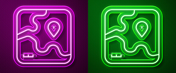 Poster - Glowing neon line Africa safari map icon isolated on purple and green background. Vector