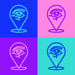 Wall Mural - Pop art line Eye of Horus icon isolated on color background. Ancient Egyptian goddess Wedjet symbol of protection, royal power and good health. Vector