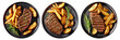 Set of black plates with grilled beef steaks and potatoes top view, cut out