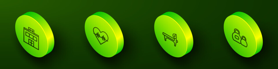 Sticker - Set Isometric line Gym building, Heart rate, Bench with barbel and Kettlebell icon. Vector