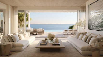 A serene beach house interior with a white wall frame, framing ocean views.