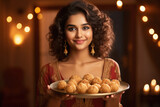 Young indian woman holding sweets or laddoo plate in hand