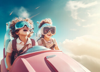 Two cute kids enjoy driving cyber car in the air. Fun happy scene of childhood with a futuristic electric automobile.