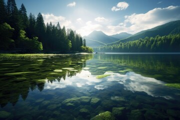 Poster - A peaceful lake nestled amidst lush green trees and rugged rocks. Perfect for nature-themed projects or tranquil landscapes.