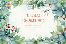 Christmas Greeting Card With Watercolor Holly Leaves And Berries. Vector Illustration.