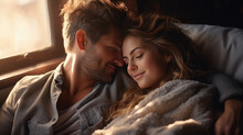 Generative AI, Beautiful Young Man And Woman, Couple Of Lovers Lying In Bed, Family, Love, Romance, Passion, Guy, Girl, Day Off, Sex Life, Date, Valentine's Day, Relationship, Time Together, Light