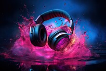 Headphones With Dark Purplecolored Glow Behind Them. An Audio Music Concept Illustration Of Headphones