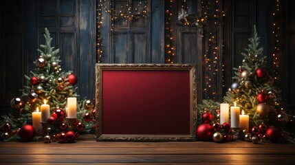 Canvas Print - Fond de noël pour carte de vœux, flyer, Boule de noël avec cadre pour écrire, IA