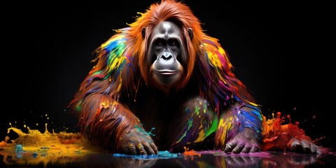 Wall Mural - Painted colorful orangutan  animal, they show off in beautiful colors. isolated black background. Pattern for t-shirt printing, Generative AI