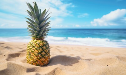 Wall Mural - Pineapple fruit on sandy tropical beach with blue sky and sea water, blue ocean background with copy-space. Leisure in summer and holiday vacation concept.