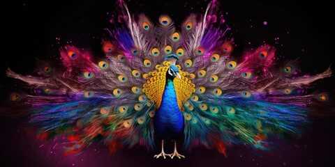 Wall Mural - Painted colorful  peacock animal, they show off in beautiful colors. isolated black background. Pattern for t-shirt printing, Generative AI