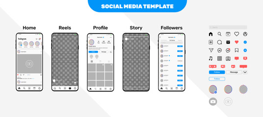 Social Media reels story and profile page templates with icons and notifications set vector