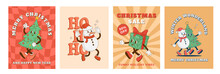 Set Of Retro Cartoon Christmas Characters Posters. Christmas Tree, Snowman, Gift Box Mascot. New Year Decoration Vector Illustration. Print, Poster, Greeting Card, Postcard