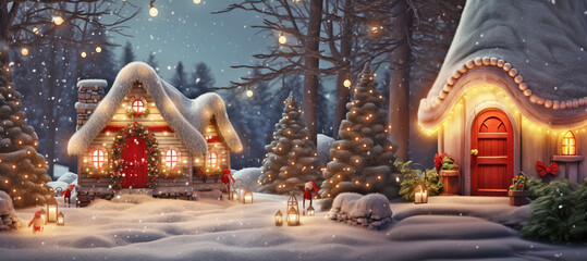 Wall Mural - A small fairy tale cottage in a winter snow covered forest, Christmas background with Miniature paper house illustration