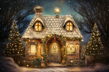 Wall Mural - A small fairy tale cottage in a winter snow covered forest, Christmas background with woodland house made by gnomes and trolls