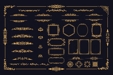 Set of gold vintage Decorative elements, frames, calligraphy, borders, text dividers, flourish ornament, corner, lines. Golden Luxury Elegant ornament for labels and badges vector illustration