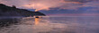 Panorama of sunrise at Black sea, Crimea in pink