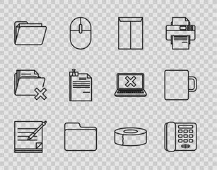 Poster - Set line Blank notebook and pen, Telephone, Envelope, Document folder, File document binder clip, Scotch and Coffee cup icon. Vector