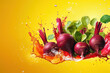 fresh beetroot with water splash on yellow background