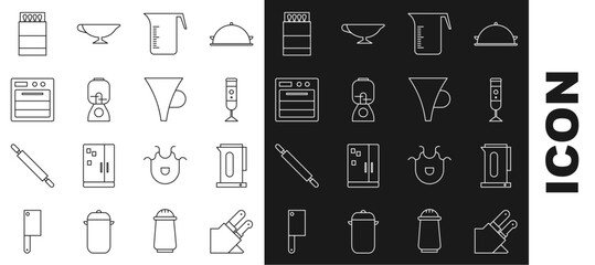 Wall Mural - Set line Knife, Kettle with handle, Blender, Measuring cup, Oven, Open matchbox matches and Funnel or filter icon. Vector