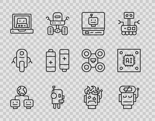 Poster - Set line Artificial intelligence, Robot low battery charge, Creating robot, Battery, burned out and Processor with microcircuits CPU icon. Vector