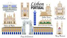 Set Of Symbols And Architectural Landmarks Of Lisbon Portugal  , Belém Tower,  Cathedral, Praça Do Comércio, Navy Museum, For The Design Of Souvenirs For Tourists And Travelers, Icons Flat Style