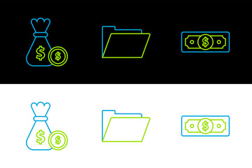 Sticker - Set line Stacks paper money cash, Money bag and coin and Document folder icon. Vector