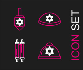 Sticker - Set line Jewish kippah with star of david, Torah scroll, and Hanukkah dreidel icon. Vector