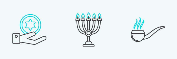 Poster - Set line Smoking pipe with smoke, Jewish coin on hand and Hanukkah menorah icon. Vector