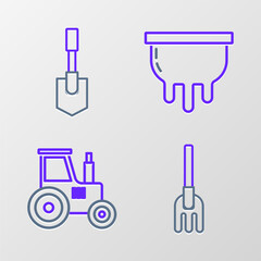 Poster - Set line Garden rake, Tractor, Udder and Shovel icon. Vector