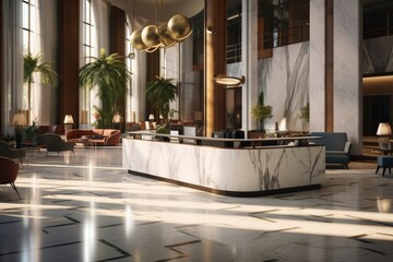 Wall Mural - Step into the world of luxury and modern comfort as you enter the hotel lobby. With its elegant design, marble floors, and stylish furnishings, it's a welcoming space for relaxation and business.