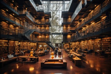 Explore the rich world of knowledge in this modern library. With its impressive architecture and vast collection of books, it's a hub for education and culture.