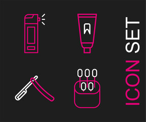 Sticker - Set line Cotton swab for ears, Straight razor, Tube of toothpaste and Bottle with nozzle spray icon. Vector