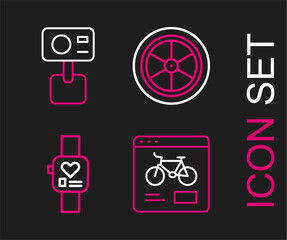 Sticker - Set line Bicycle rental mobile app, Smart watch, wheel and Action extreme camera icon. Vector