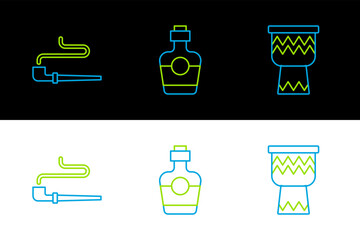 Poster - Set line Drum, Smoking pipe and Tequila bottle icon. Vector