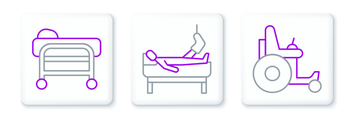 Sticker - Set line Electric wheelchair, Stretcher and Patient with broken leg icon. Vector