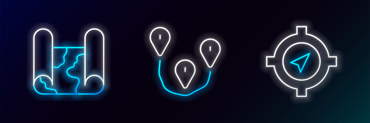 Sticker - Set line Compass, Folded map and Route location icon. Glowing neon. Vector