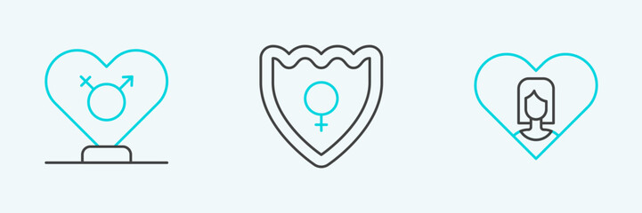 Sticker - Set line Heart with female, Gender and shield, Female icon. Vector