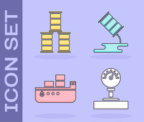 Poster - Set Gauge scale, Barrel oil, Oil tanker ship and Barrel oil leak icon. Vector