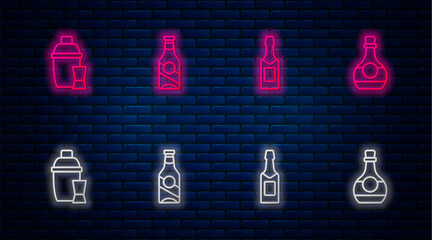 Canvas Print - Set line Beer bottle, Champagne, Cocktail shaker and Bottle of cognac or brandy. Glowing neon icon on brick wall. Vector