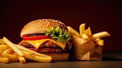 Wall Mural - Delicious cheeseburger with french fries. Fast food.