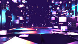 Fototapeta Do przedpokoju - 3d rendered neon sci fi space with brick walls, glowing spheres, blocks, cubes, and light rays.