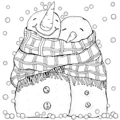 Wall Mural - Cute Pair of Snowmen. Lovers. Love. Merry Christmas, Happy New Year. Pattern for adult coloring book. Black and white.