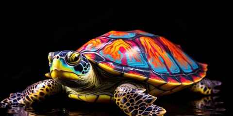 Wall Mural - Painted colorful turtle animal, they show off in beautiful colors. isolated black background. Pattern for t-shirt printing, Generative AI