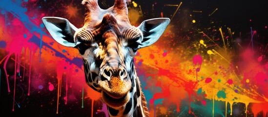 Wall Mural - Painted colorful giraffe animal, they show off in beautiful colors. isolated black background. Pattern for t-shirt printing, Generative AI