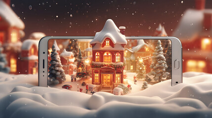 Wall Mural - Smartphone with christmas village on screen. Christmas holiday in smartphone, concept. Smartphone with Christmas village. 3D rendering. Mobile application.