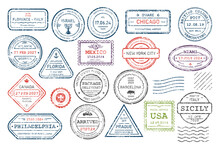 International Travel Visa Stamps Set, Arrival And Departure Passport Frayed Rubber Stamp, Vector