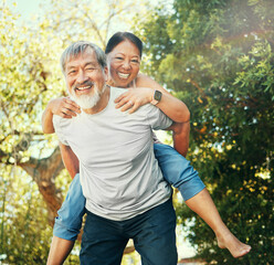 Wall Mural - Piggy back, portrait and mature couple in garden for bonding, relationship and relaxing outdoors. Marriage, nature and senior Asian man and woman happy, laughing and playful for love, care and fun