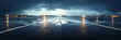 airport runway during a thunderstorm, lightning in the sky illuminating the tarmac, rain - soaked surface reflecting lights